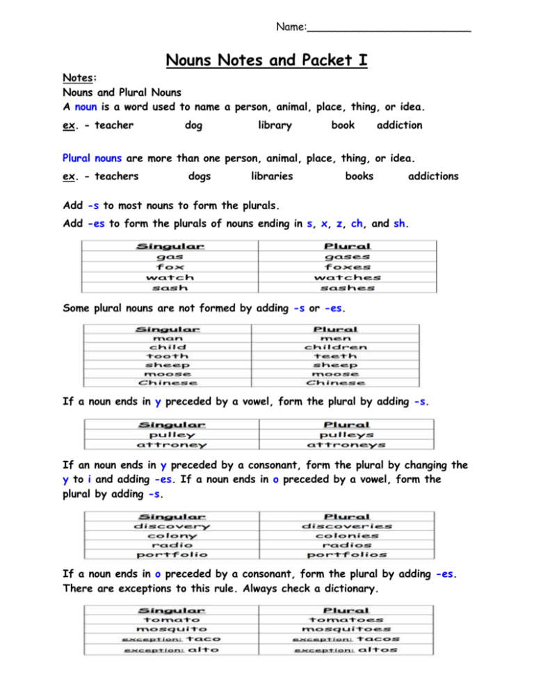 Nouns Notes and Packet Combined I