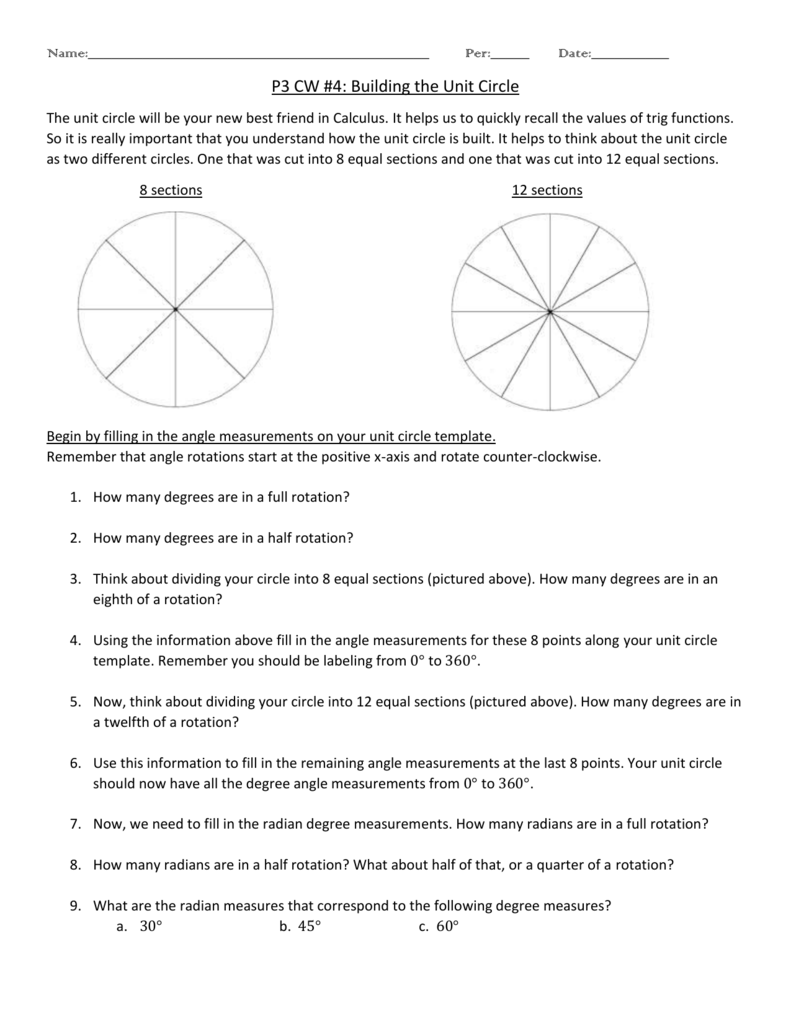 P20 CW #20: Building the Unit Circle Throughout Unit Circle Worksheet With Answers