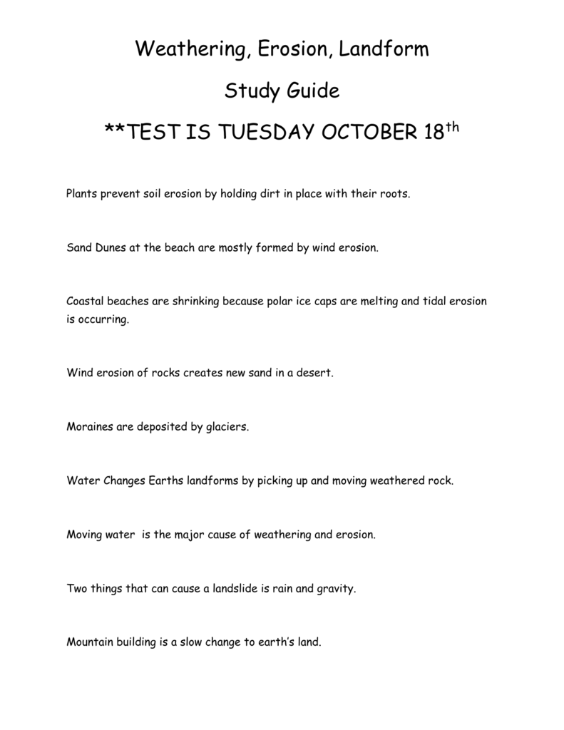 Weathering, Erosion, Landform Study Guide **TEST IS TUESDAY With Regard To Weathering And Erosion Worksheet