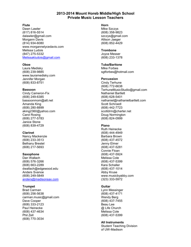 Private Studios Mount Horeb Area School District