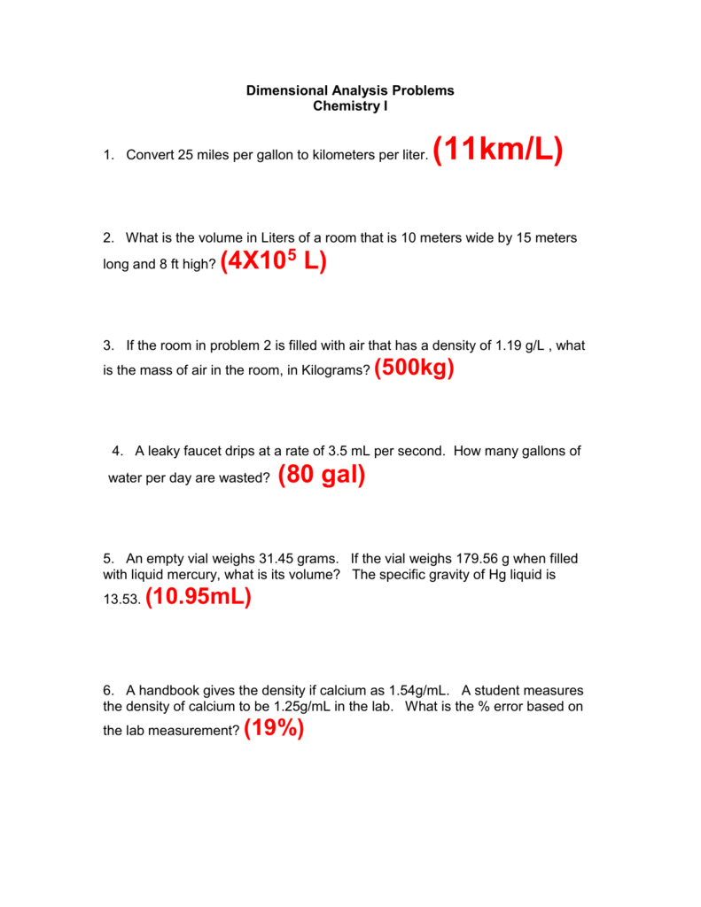 Dimensional Analysis Problems In Dimensional Analysis Worksheet Chemistry