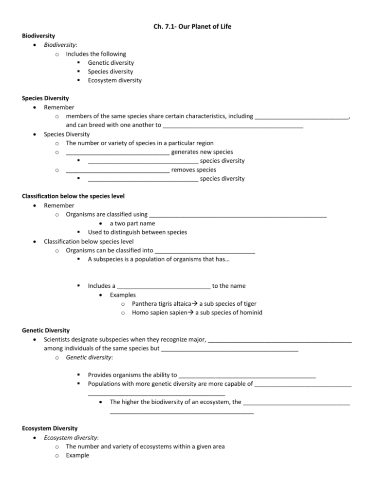 Ch 7 1 Our Planet Of Life Biodiversity Biodiversity Includes The