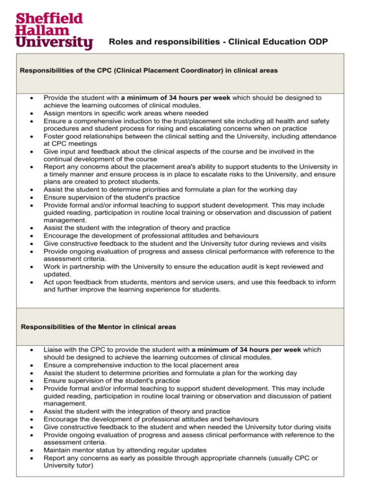 Overview of CPC, Mentor and Student Responsibilities on Placement