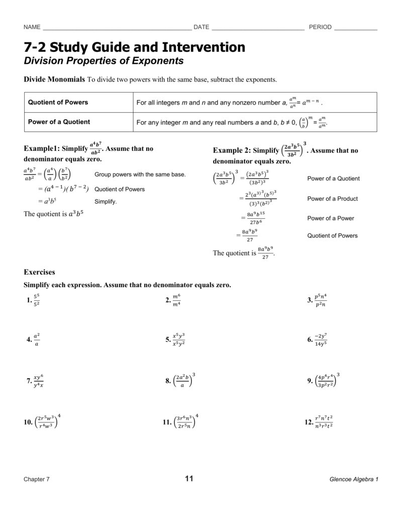 7 2 Study Guide And Intervention Division Properties Of Exponents 7 2 Study Guide And Intervention Division Properties Of Exponents