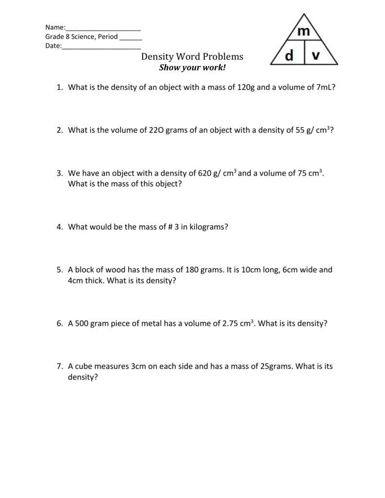 Density Word Problems WS Intended For Volume Word Problems Worksheet