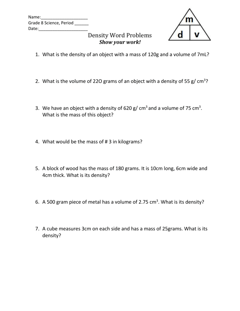 Density Word Problems WS In Volume Word Problems Worksheet