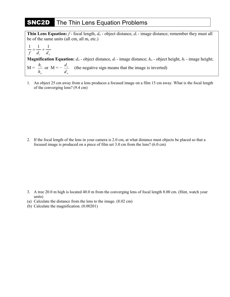 The Thin Lens Equation Problems