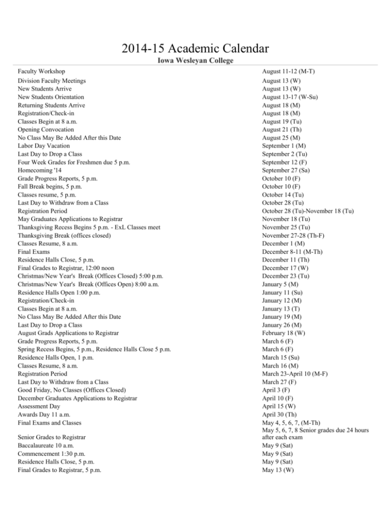 Wesleyan University Calendar 2025-25