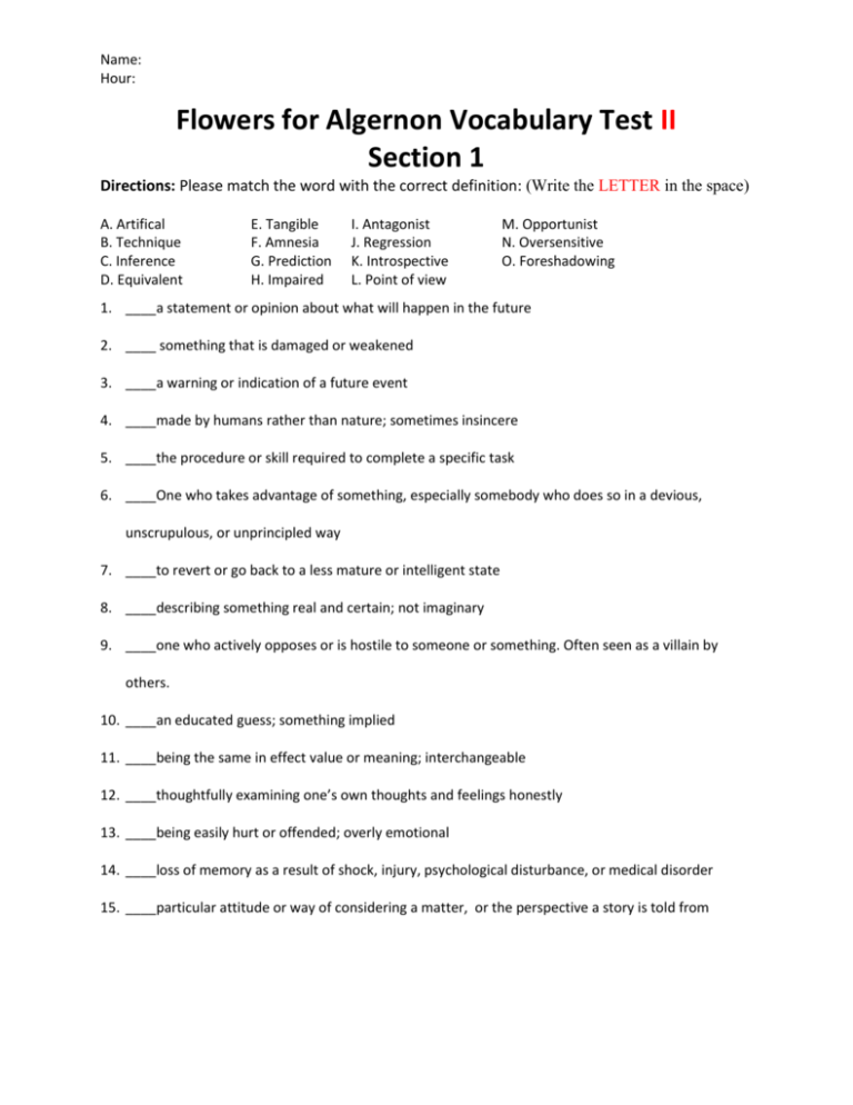 Flowers For Algernon Vocabulary Test II Section 1