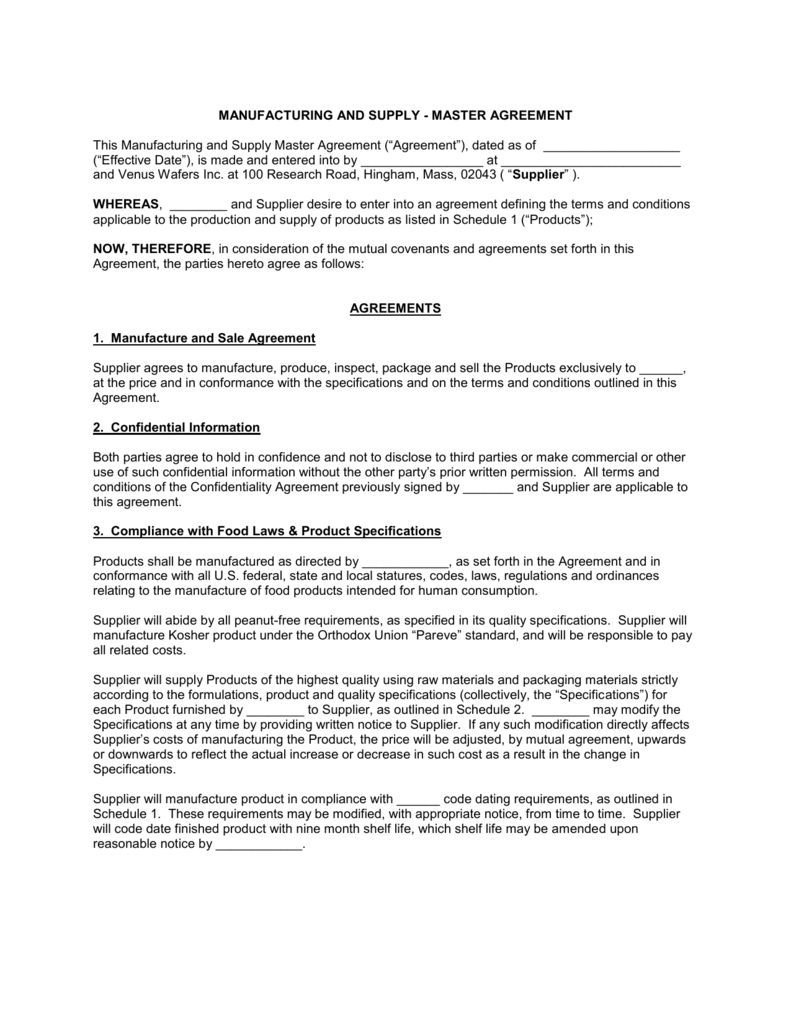 Sample Co-Packer Agreement - Massachusetts Specialty Foods Intended For free contract manufacturing agreements templates