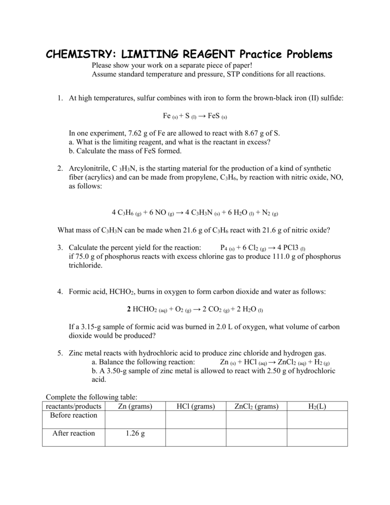 CHEMISTRY LIMITING REAGENT Practice Problems