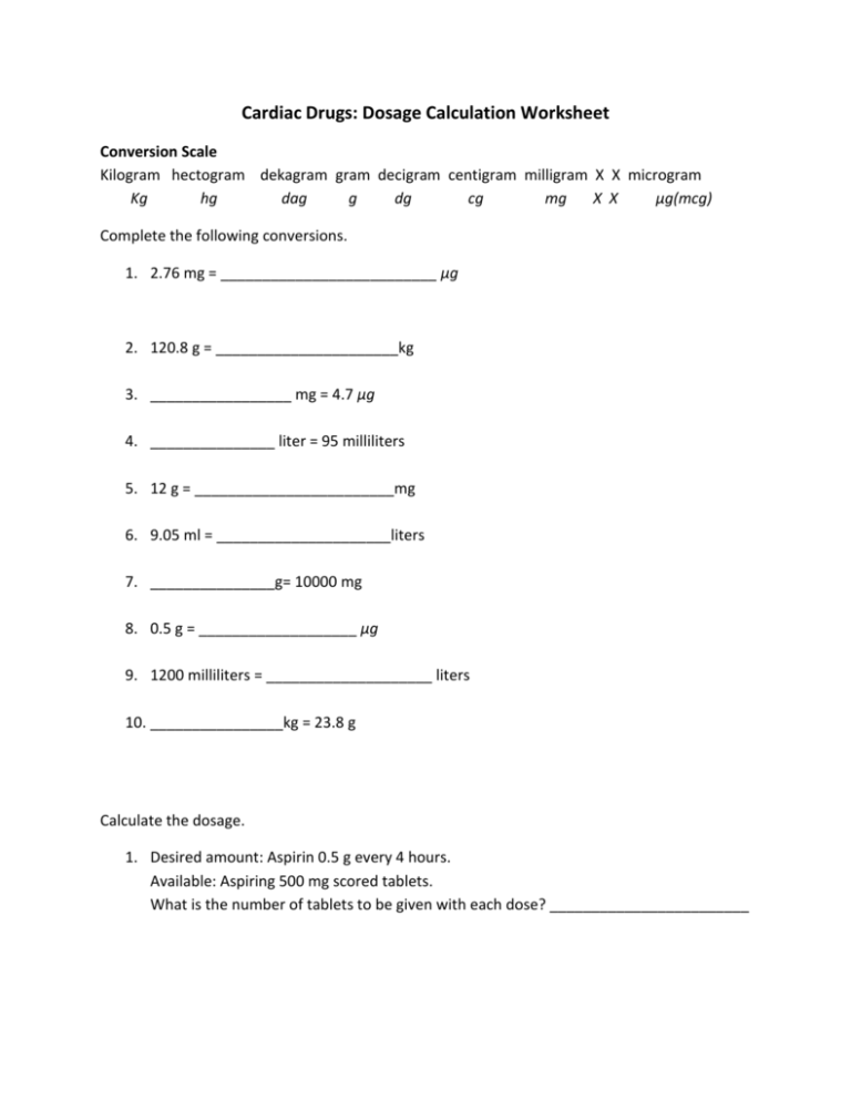 Dosage Calculation Worksheet