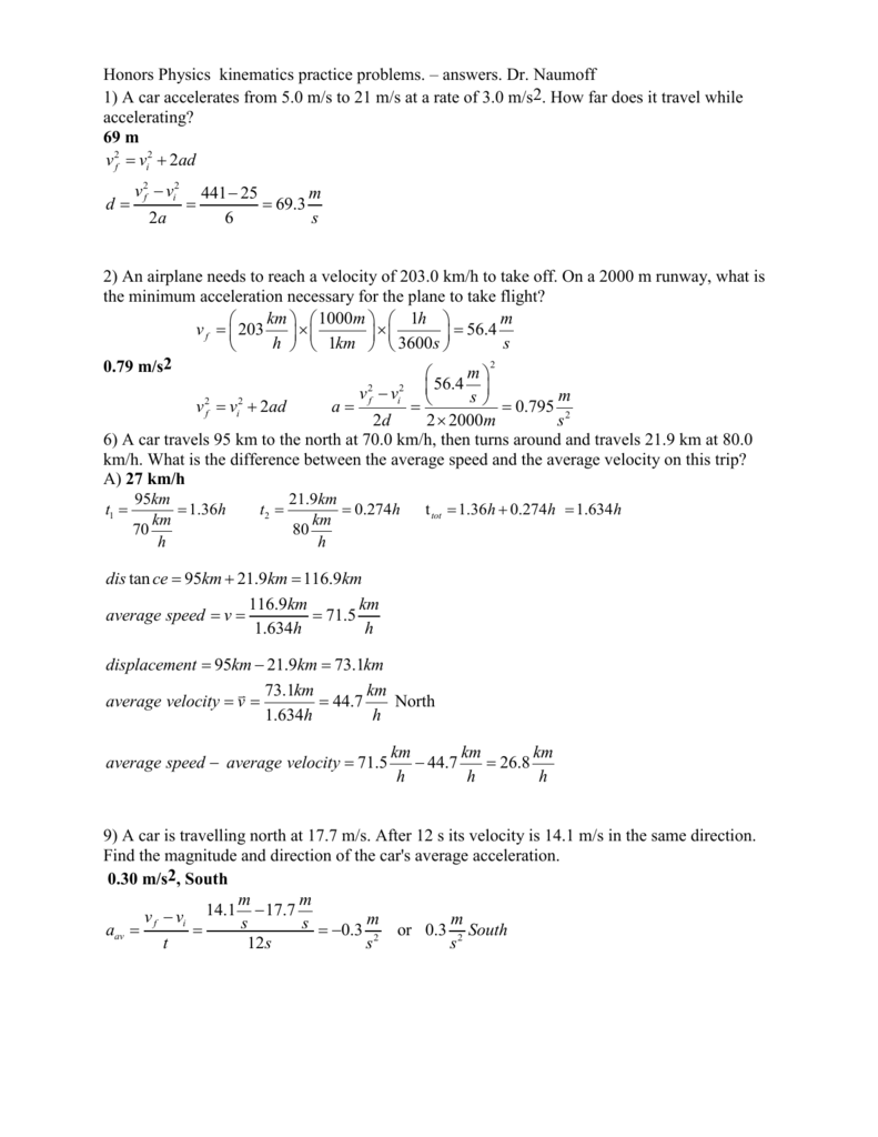 Honors Physics kinematics practice problems. – answers. Dr Intended For Kinematics Worksheet With Answers