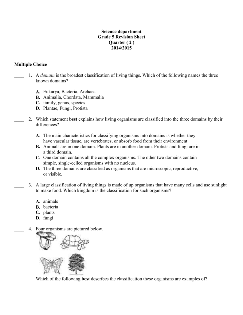 Science department Grade 5 Revision Sheet Quarter ( 2 ) 2014