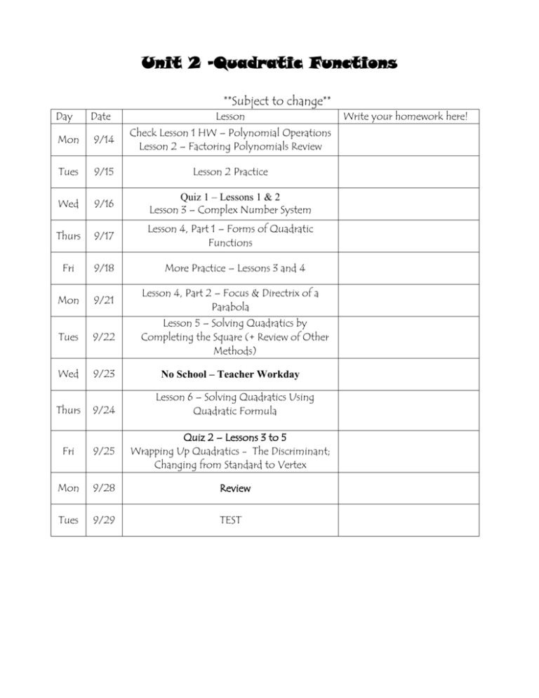 Unit 2 Daily Schedule Outline