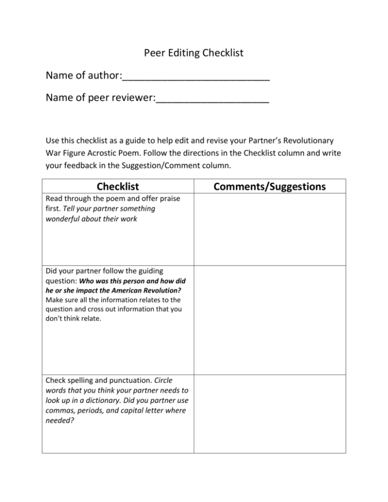 Peer Editing Checklist