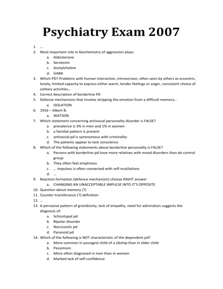 Psychiatry Exam 2007