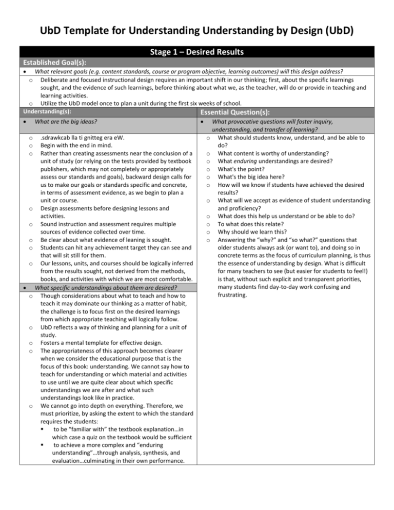 UbD Template For Understanding Understanding By Design