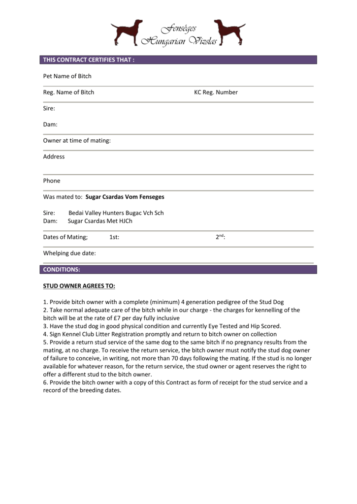 Printable Stud Dog Breeding Contract Template