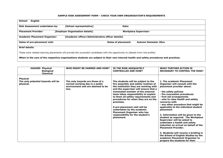 Sample Risk Assessment Form