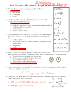 Unit 7 Review - Static Electricity ANSWER KEY