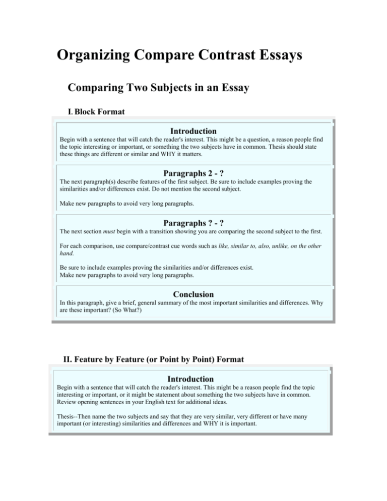 the features of a compare and contrast essay include