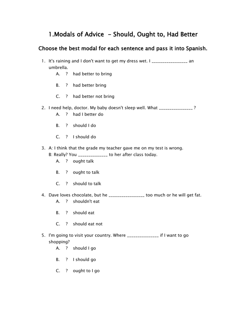 modal verbs exercises should and ought to