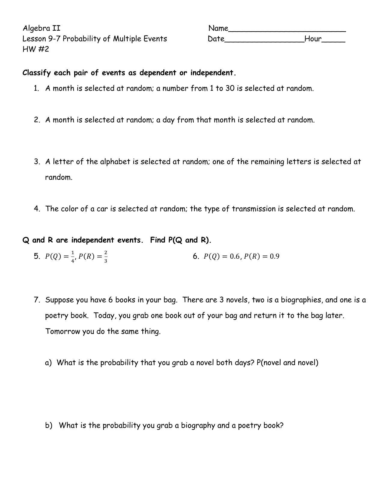 Probability of Multiple Events WS Within Algebra 2 Probability Worksheet