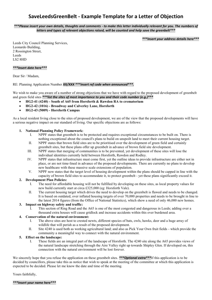 Planning Permission Objection Letter Template