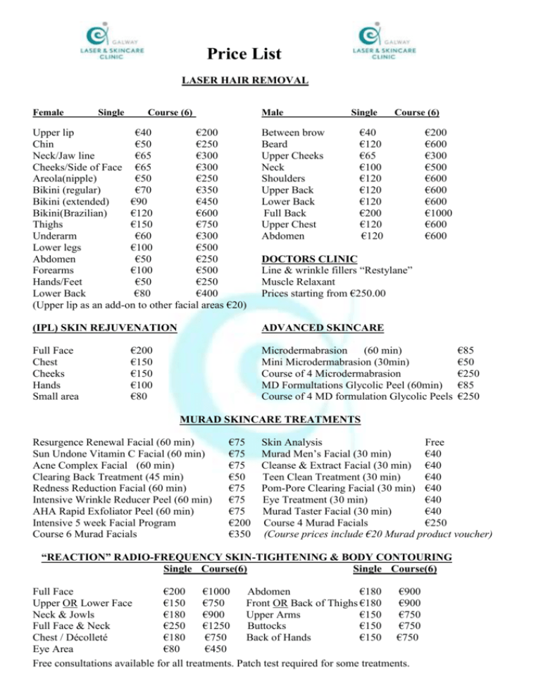 Price List - Galway Laser & Skincare Clinic