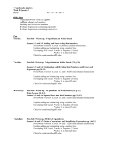 Transition to Algebra Week 2 Quarter 3 Busby 01/21/13 – 01/25/13