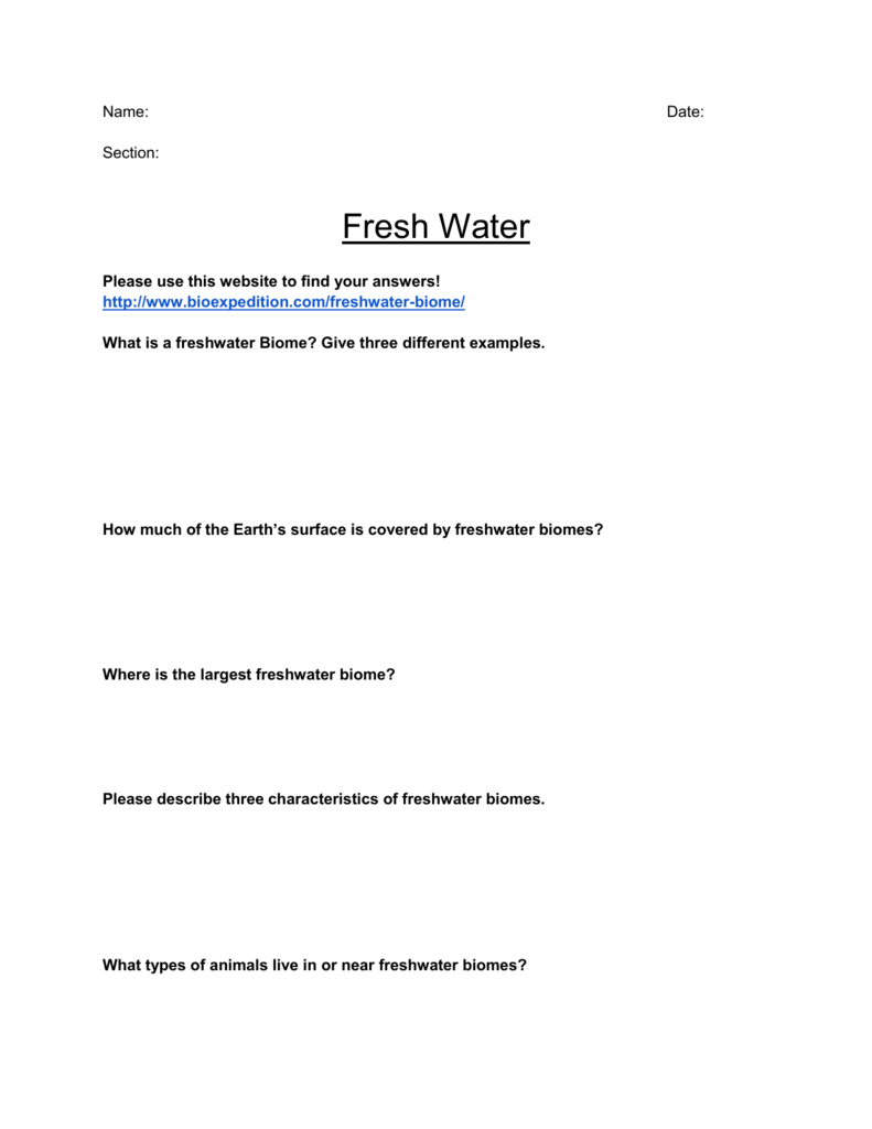 Fresh Water Worksheet