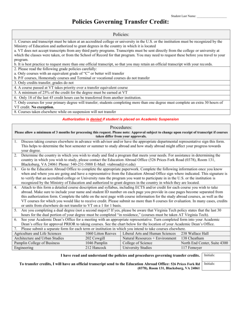 Transfer Credit Evaluation Document