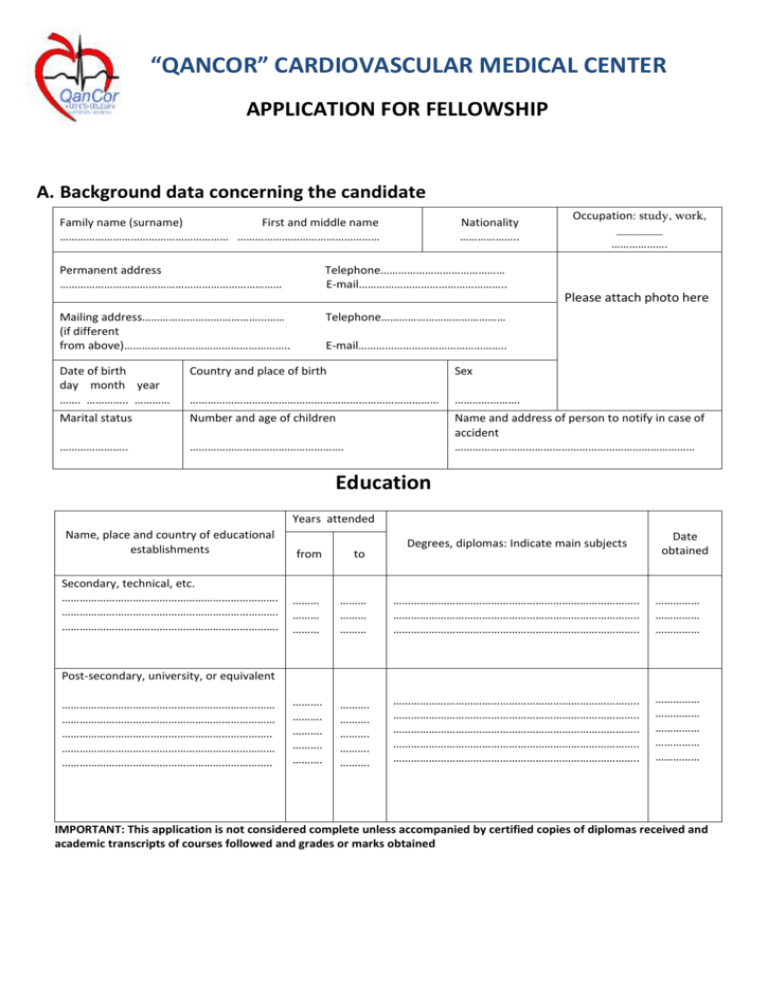 Application Form For Fellowship