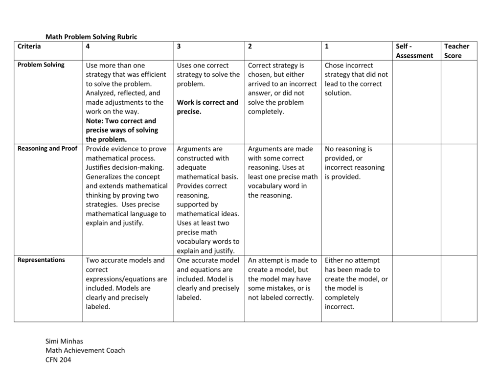 rubrics for problem solving in science