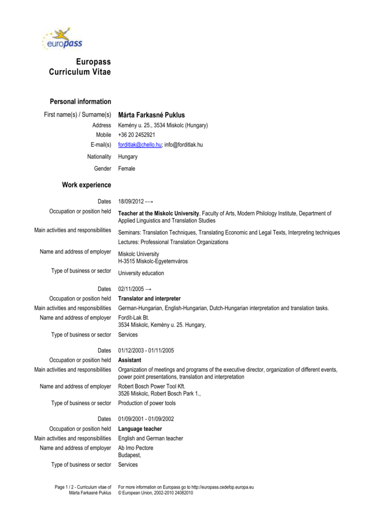 Europass CV English Template