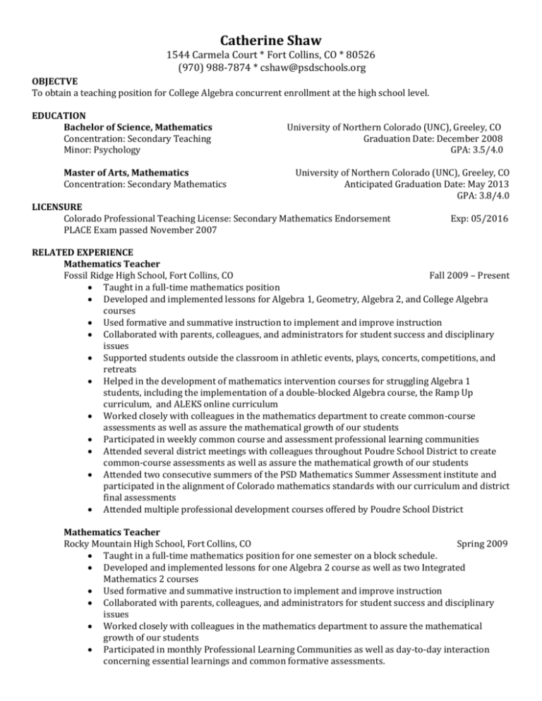 ShawResume - Poudre School District