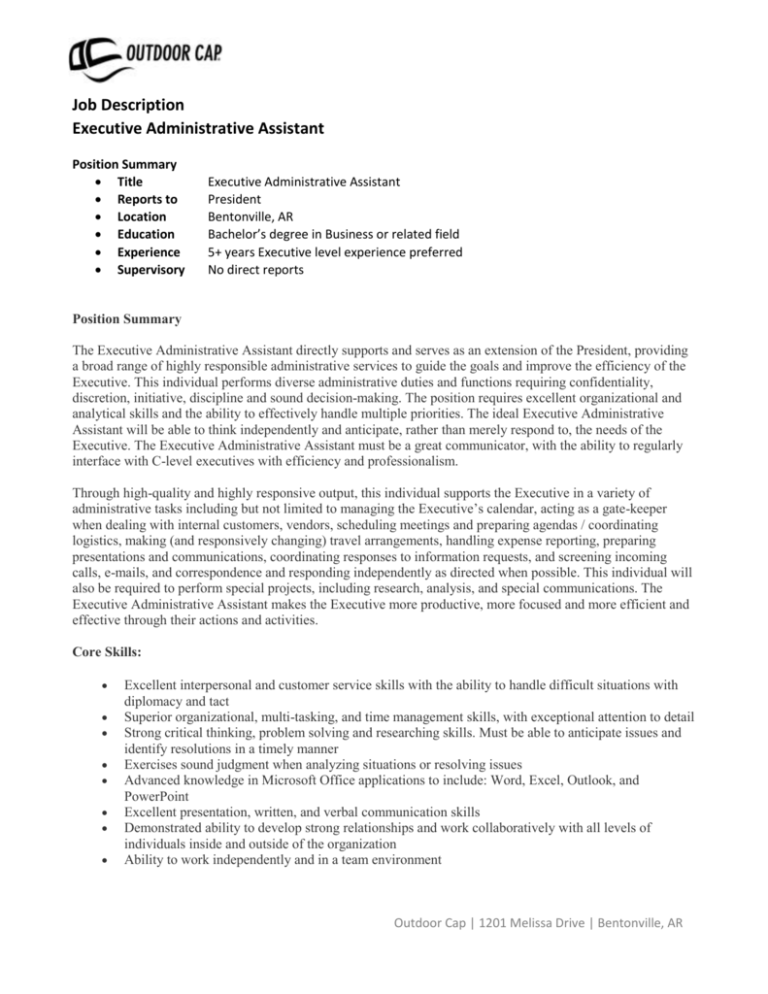 Job Description Executive Administrative Assistant