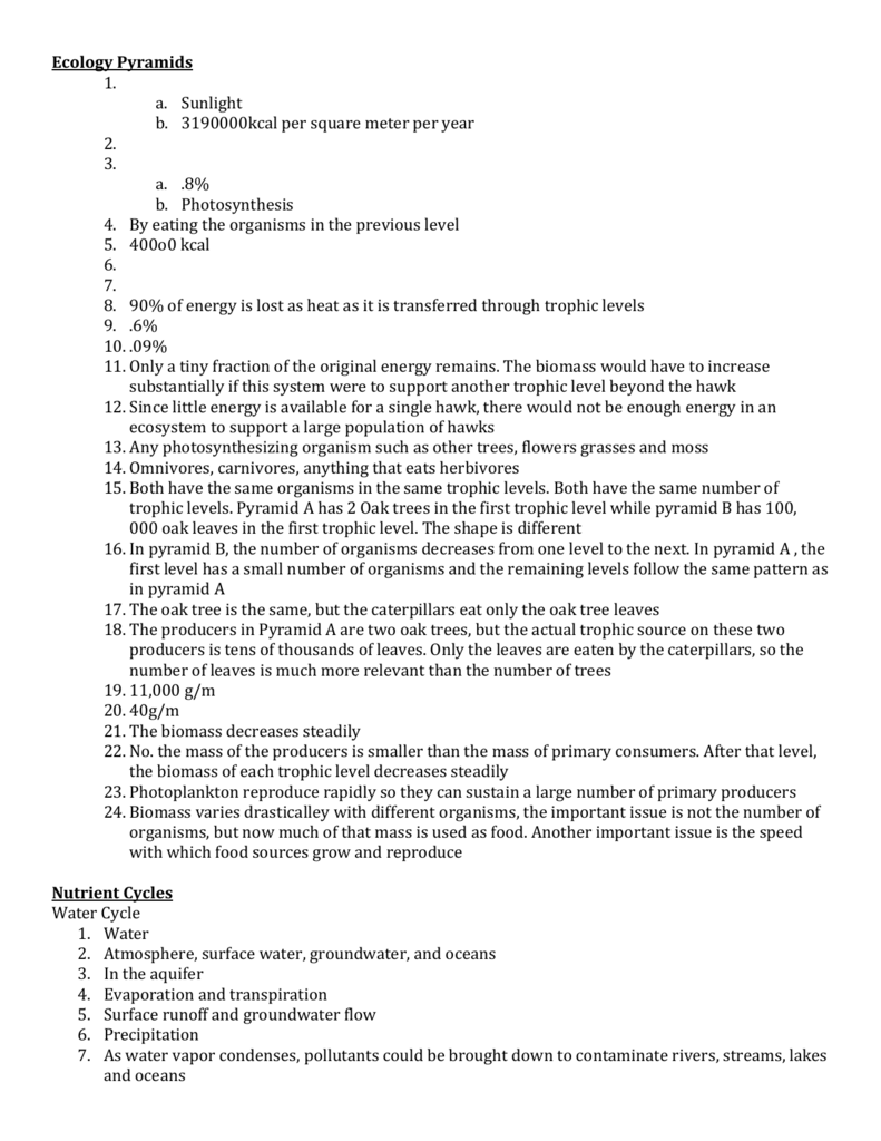 Ecology Pyramids Sunlight 24kcal per square meter per year With Regard To Ecological Pyramids Worksheet Answer Key