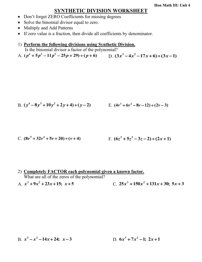 SYNTHETIC DIVISION WORKSHEETDon For Division Of  Polynomials Worksheet