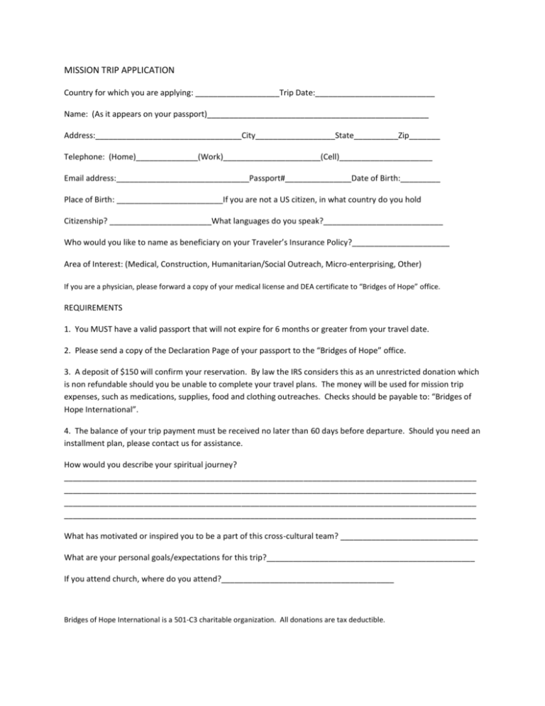 mission trip application questions