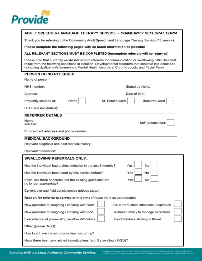 Adult Speech And Language Therapy Referral Form 2757