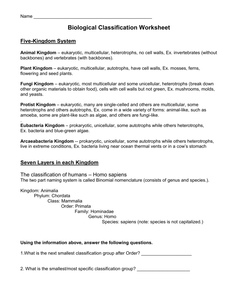 biological classification worksheet five