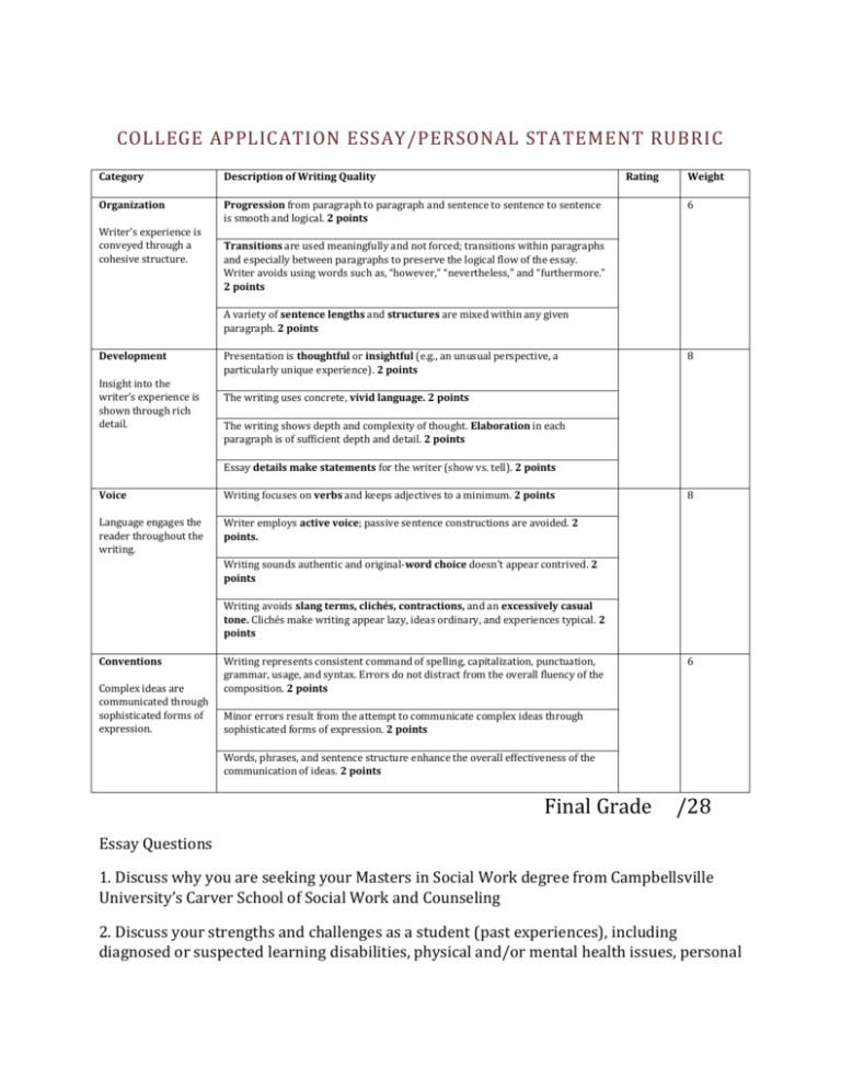 rubric for college application essay