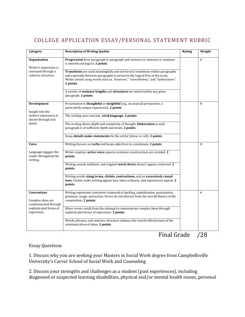 college personal statement rubric