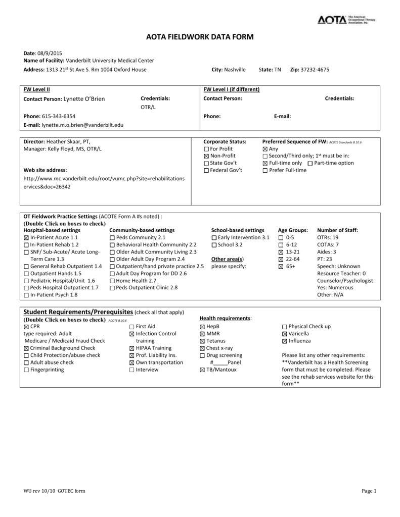 Aota Fieldwork Data Form Vanderbilt University Medical Center