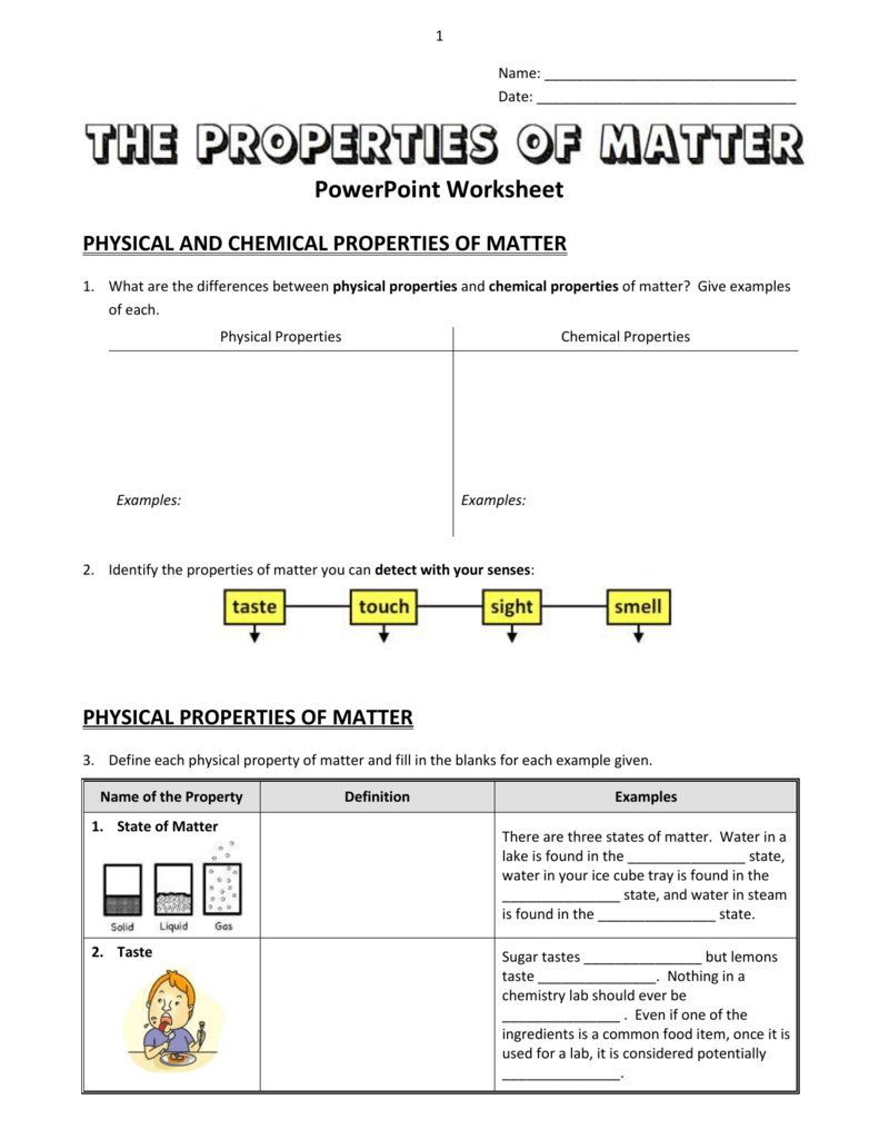 chemical properties of matter For Properties Of Matter Worksheet Pdf