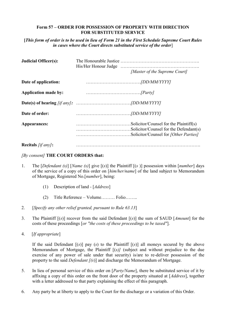 Form 57 ORDER FOR POSSESSION OF PROPERTY WITH