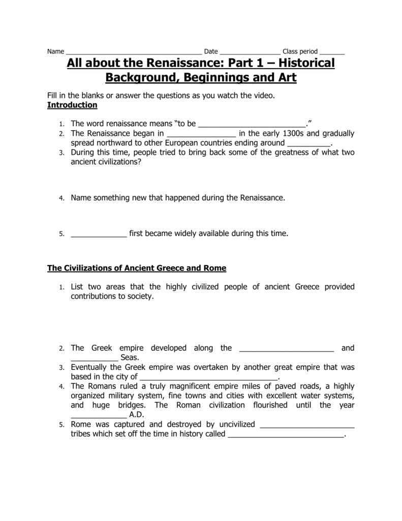 Renaissance Worksheets For Video