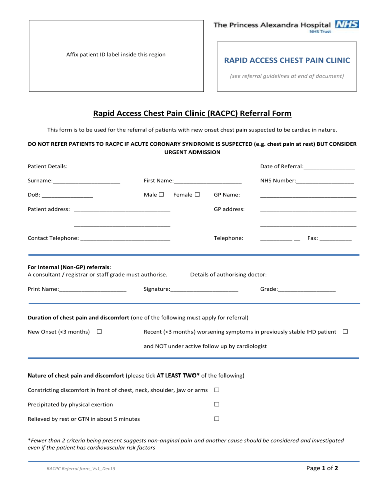Rapid Access Chest Pain Clinic RACPC Referral Form
